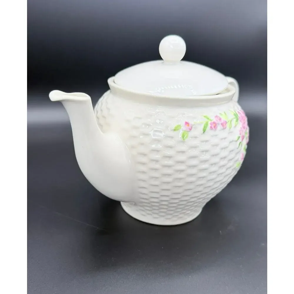 Vintage 1985 Teleflora Ceramic Teapot White Basket Weave Pink Floral Roses